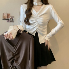 Plus size fat MM autumn and winter new V-neck halter neck T-shirt women's pleated slimming slim inner bottoming shirt top