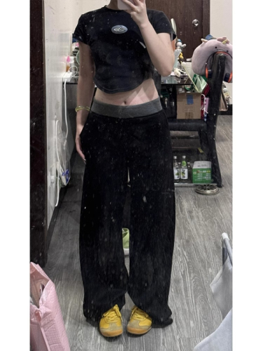 Spot three-dimensional waistband black spliced ​​sports pants for women autumn new high-waisted loose wide-leg floor-length pants