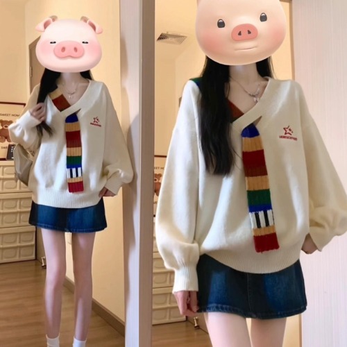 American retro rainbow wool splicing v-neck sweater jacket autumn and winter loose college style high-end women's sweater