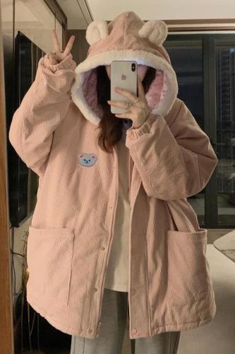 Corduroy cotton jacket for women, Korean style, gentle style, fufu cotton jacket, cute little person, winter