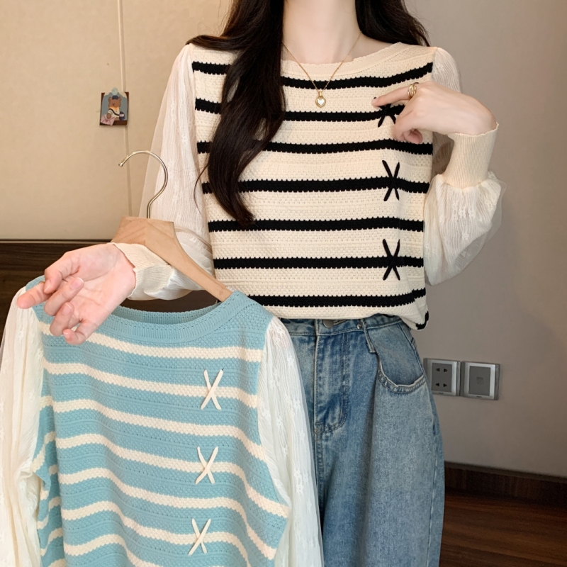 Autumn new debut large size women's design lace splicing long-sleeved striped bottoming sweater sweater