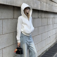 Early autumn short-sleeve white hoodie women's spring and autumn style 2024 new open jacket hooded top early autumn wear thin