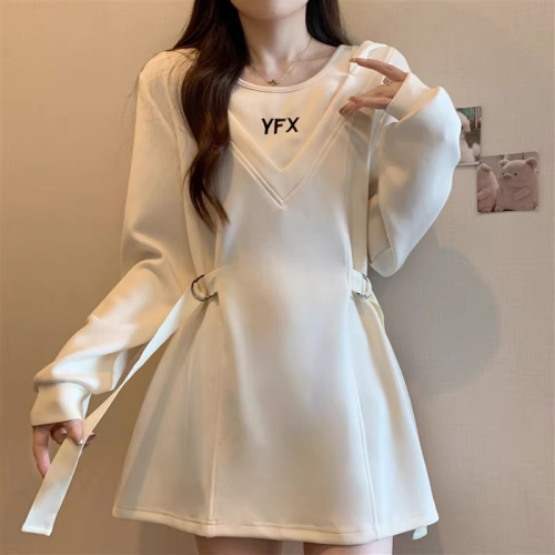 Plus size women's fake two piece sweatshirt 2024 new autumn fat mm waist loose slimming top