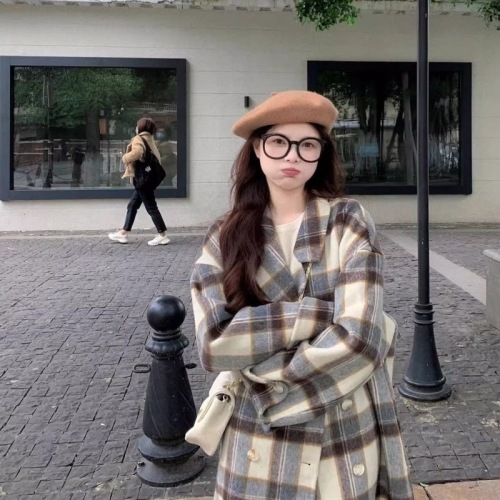 Tartan coat women's mid-length 2024 autumn and winter new style high-end Maillard small woolen coat