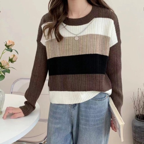 Retro contrast striped pullover sweater lazy style sweater for women 2024 autumn new style French chic sweater trend