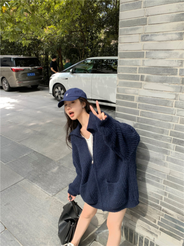 Real shot of large size fat mm long loose lapel sweater lazy high-end women's autumn cardigan jacket