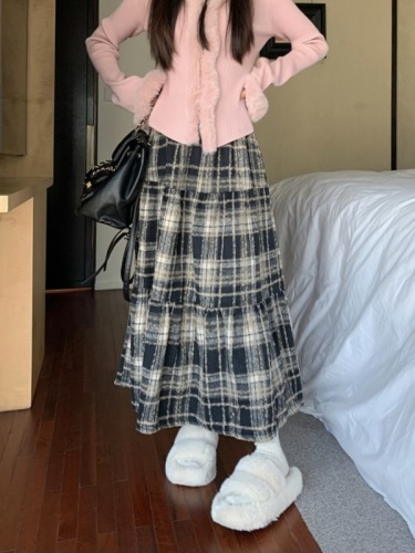 Real shot of woolen thickened Christmas red plaid high waist casual slimming cake skirt mid-length skirt