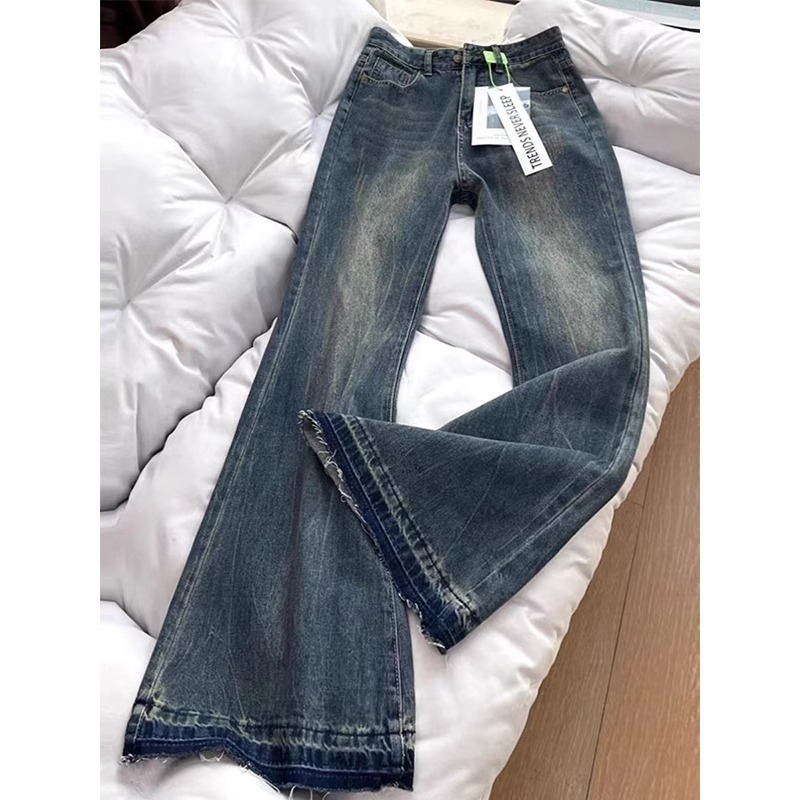 S-5XL large size American retro micro-flared jeans for women in spring and autumn loose high-waisted straight wide-leg floor mopping pants