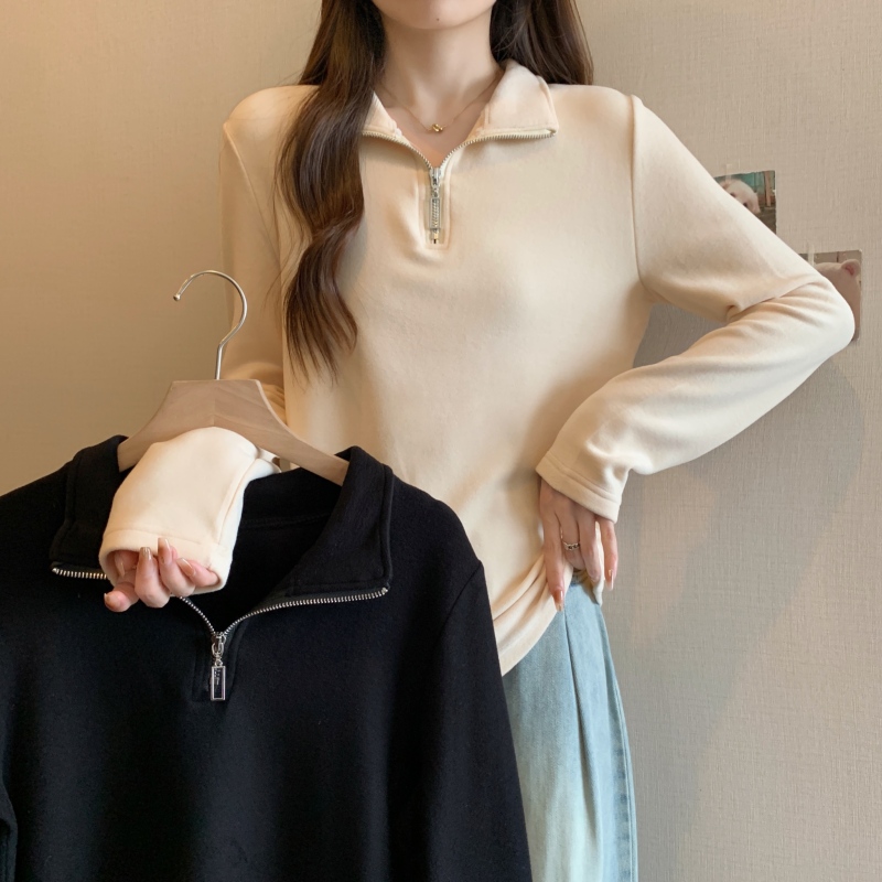 Large size fat mm double-sided German velvet thermal long-sleeved zipper design sweatshirt inside and outside top