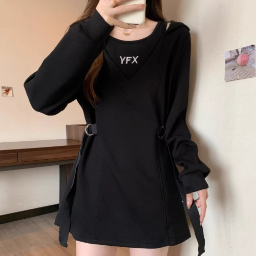 Plus size women's fake two piece sweatshirt 2024 new autumn fat mm waist loose slimming top