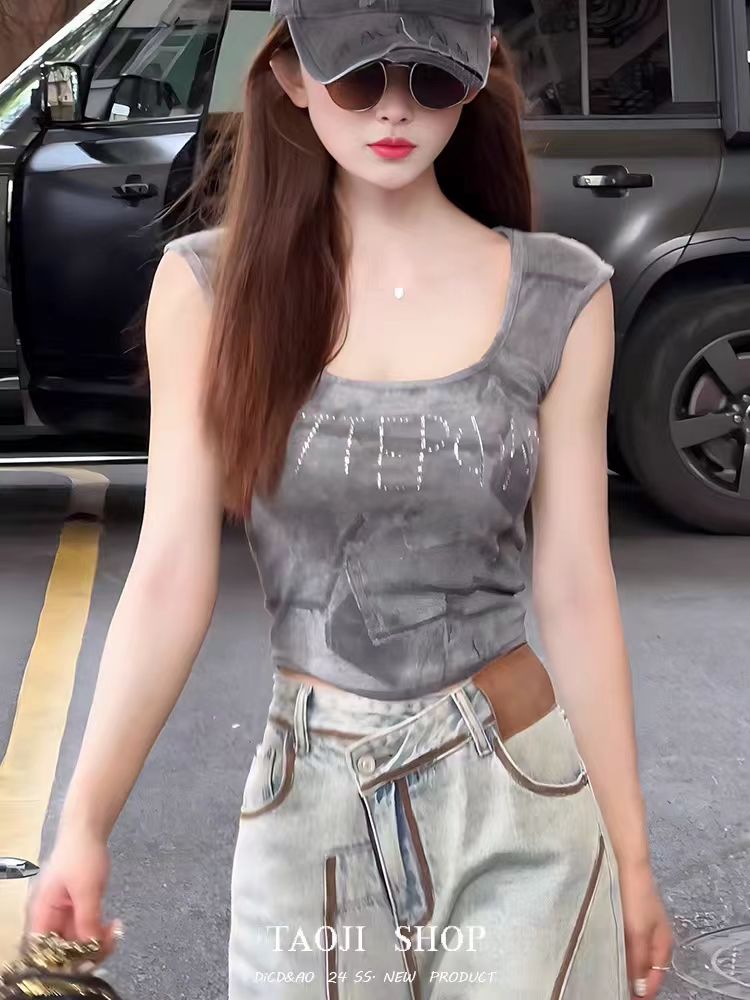 復古氣質扎染燙鑽無袖背心女2024夏季辣妹修身顯瘦獨特别致短上衣