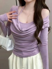 Plus size pure desire waist pinching high-end sweet and spicy chic one-shoulder fake two-piece top