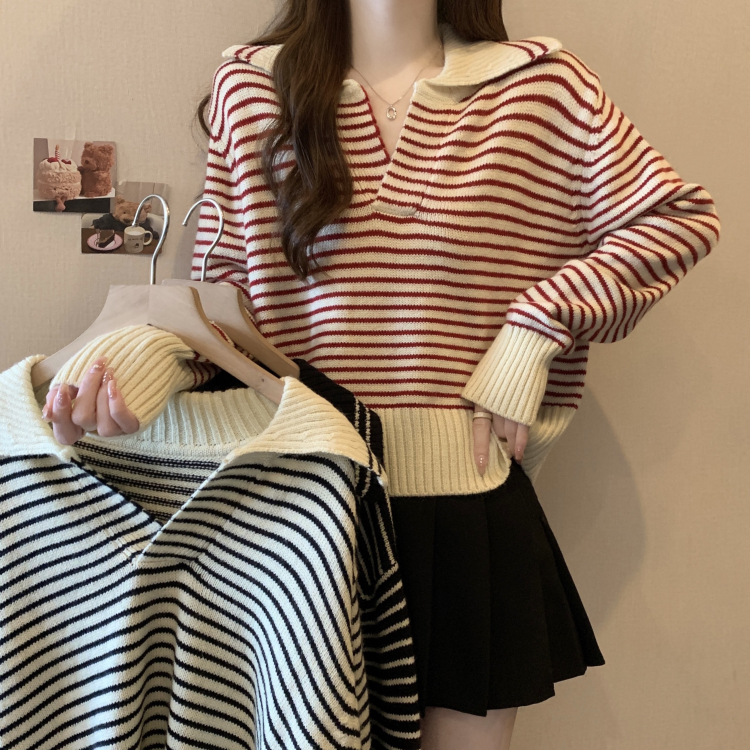 Fat MM autumn and winter new fat sister 200 pounds plus size women's half open collar age-reducing striped sweater