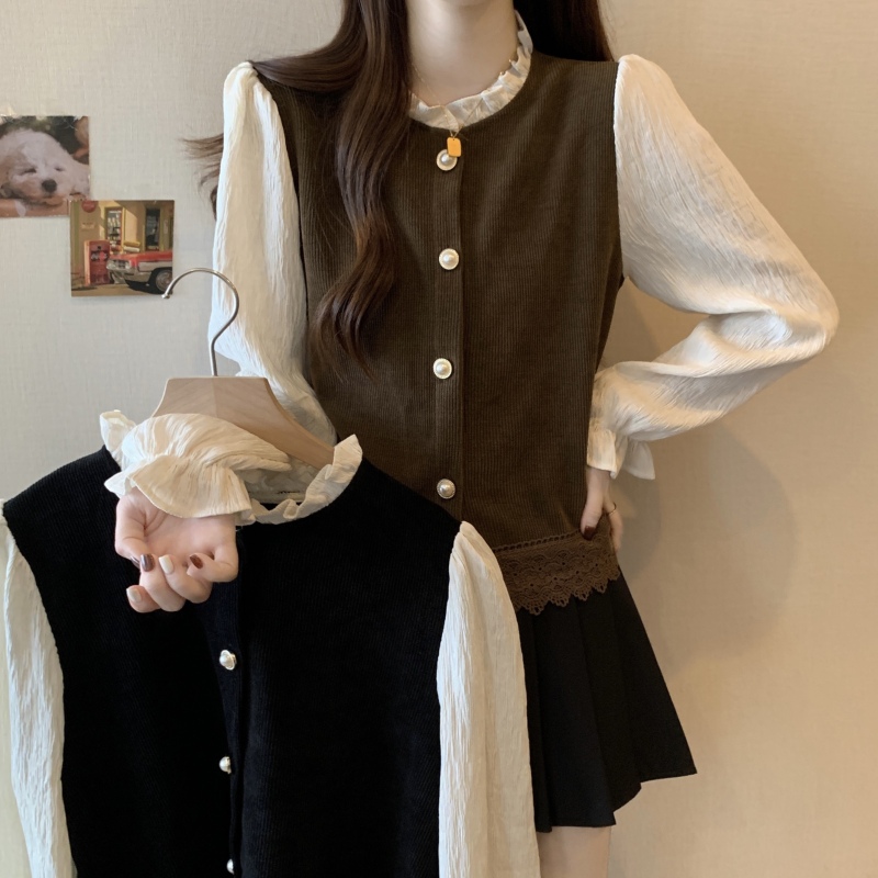 Fat mm plus size women's clothing 2024 new niche round neck splicing shirt women's single breasted long-sleeved bottoming shirt