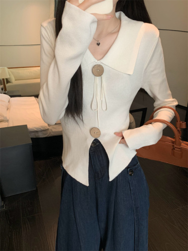 Actual shot of autumn style slit sweater, elegant long-sleeved, high-end V-neck slimming top