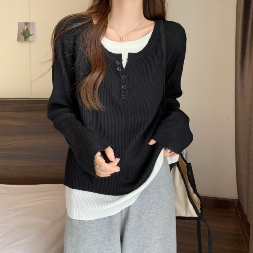 Large size belly-covering round neck fake two-piece women's Korean style autumn fat mm looks slim, unique and chic, versatile tops and small shirts