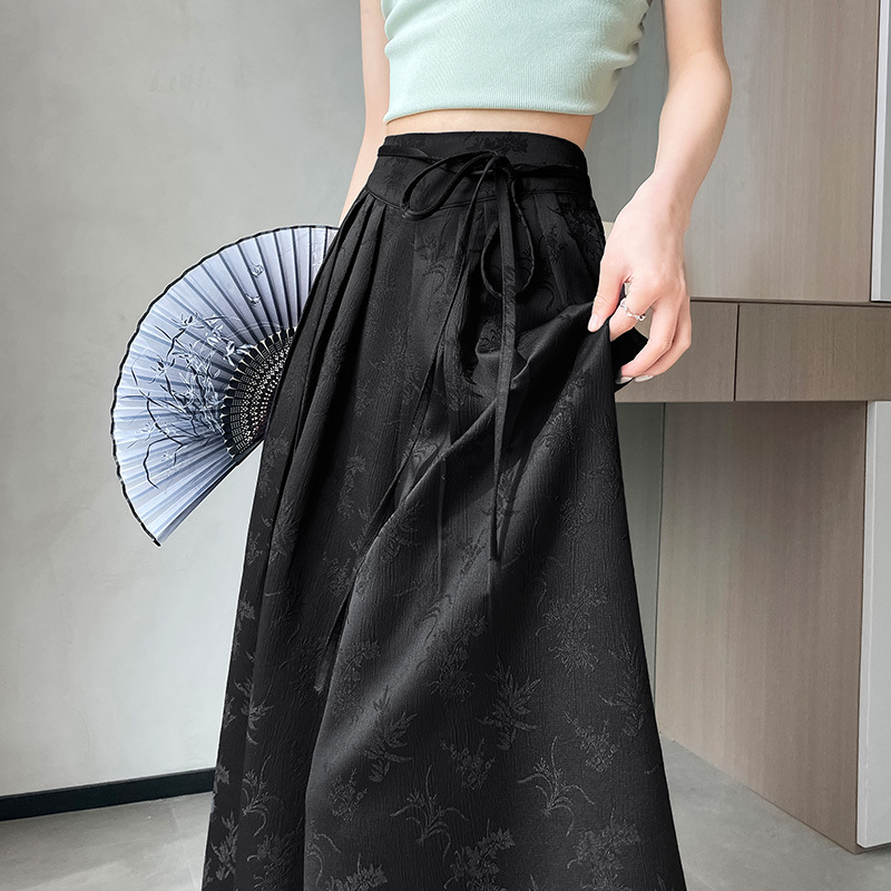 New style national style satin jacquard high-waisted culottes for women, loose, slim and textured, thin casual wide-leg pants