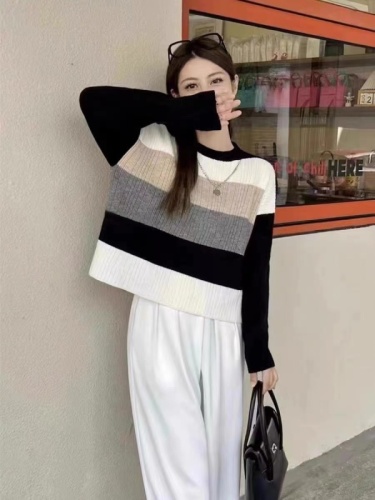 Retro contrast striped pullover sweater lazy style sweater for women 2024 autumn new style French chic sweater trend