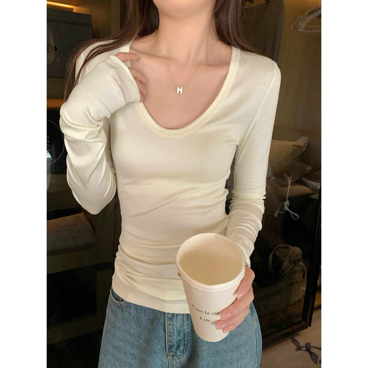 Real shot of Korean style autumn and winter temperament v-neck skin-friendly Lyocell Tencel versatile long-sleeved bottoming T-shirt top