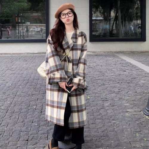 Tartan coat women's mid-length 2024 autumn and winter new style high-end Maillard small woolen coat