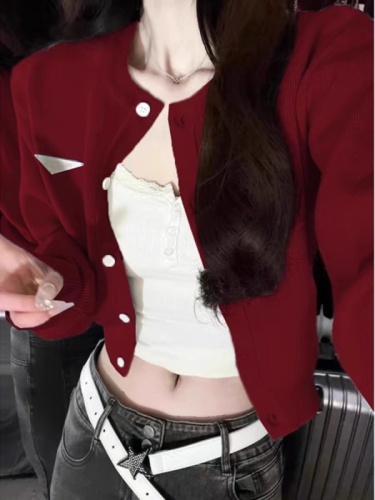 Ankora red high-end cardigan sweater short coat for women autumn new small chic knitted top