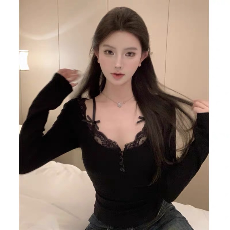 Plus size pure lust hottie sexy slim fit lace suspender long sleeve t-shirt with bottoming shirt niche chic top