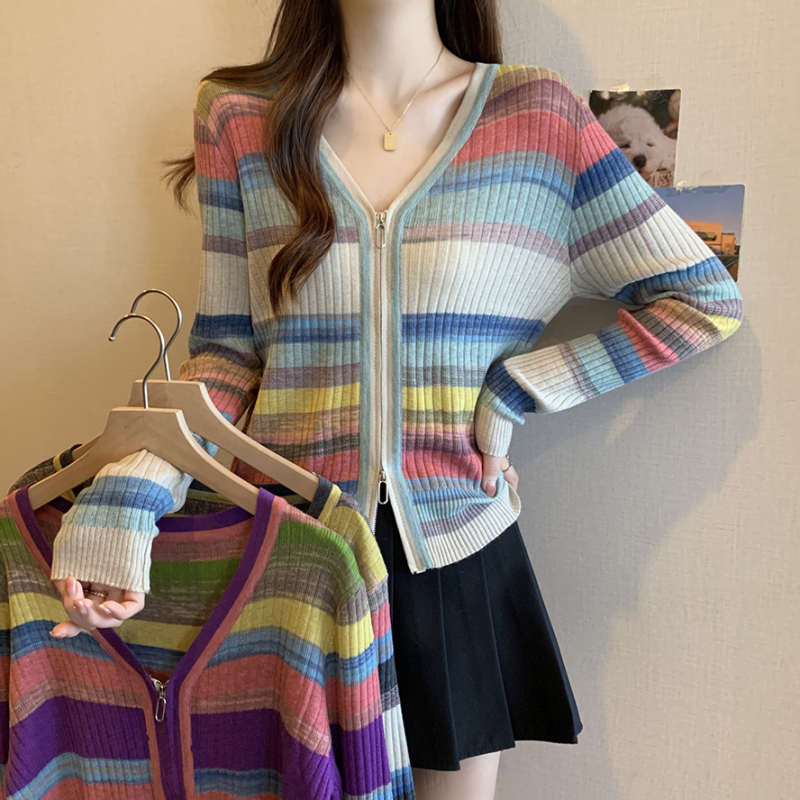 Early autumn new versatile Korean style zipper long-sleeved sweater large size slim single top