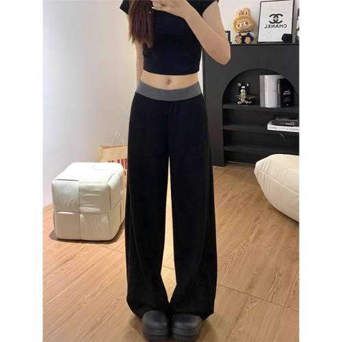 Spot three-dimensional waistband black spliced ​​sports pants for women autumn new high-waisted loose wide-leg floor-length pants