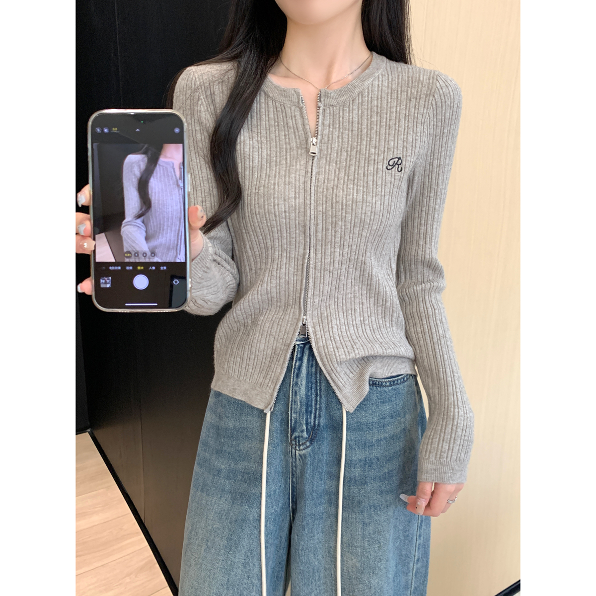 Actual shot of autumn and winter Korean style versatile simple double zipper Andy velvet knitted long-sleeved cardigan top jacket for women