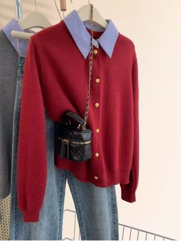 Gray fake two -piece shirt collar sweater cardigan female autumn and winter thickened wool cashmere knitted jacket small