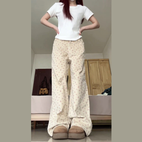 American Retro Floral Straight Pants Women's Spring and Autumn 2024 New High Waisted Wide Leg Pants Loose Slim Casual Pants