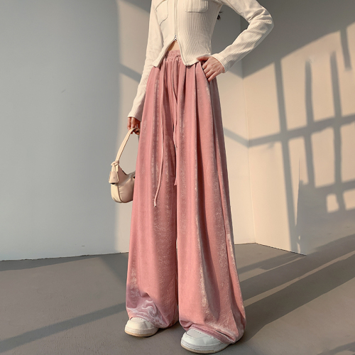 Gold velvet wide-leg pants for women 2024 new style drapey high-end floor mopping pants high waist slim straight velvet pants