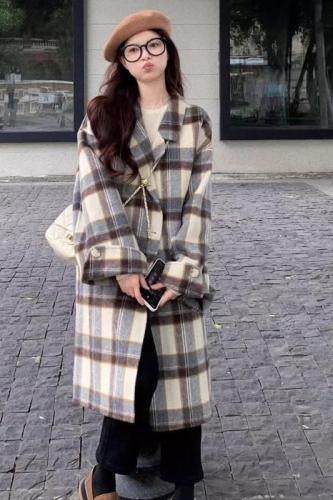 Tartan coat women's mid-length 2024 autumn and winter new style high-end Maillard small woolen coat