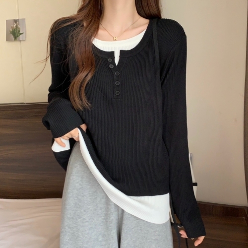 Large size belly-covering round neck fake two-piece women's Korean style autumn fat mm looks slim, unique and chic, versatile tops and small shirts