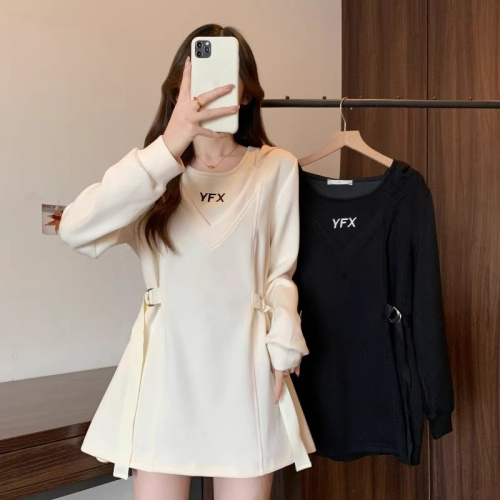 Plus size women's fake two piece sweatshirt 2024 new autumn fat mm waist loose slimming top