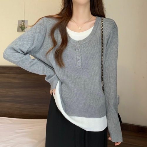 Large size belly-covering round neck fake two-piece women's Korean style autumn fat mm looks slim, unique and chic, versatile tops and small shirts