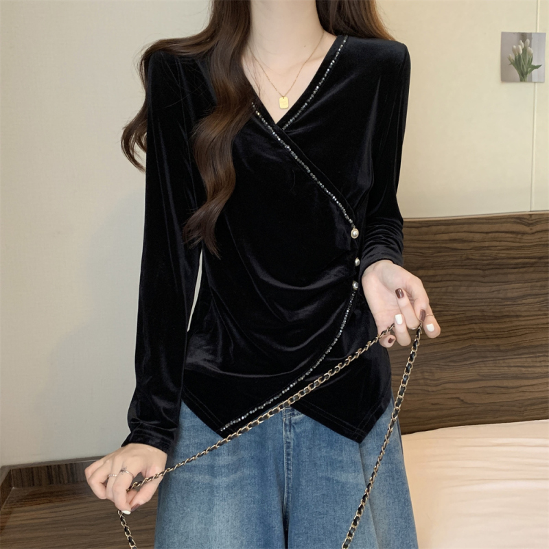 Plus size women's clothing slimming design hot girl pure desire slim velvet long sleeve irregular T-shirt bottoming shirt for women