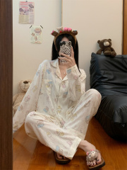 Actual shoot autumn new Japanese pink cartoon pajamas sweet and cute puppy home long sleeve two-piece set