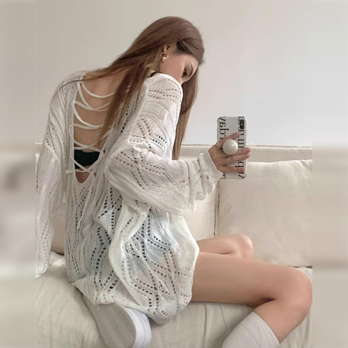 2024 new style hollow design drawstring strap v-neck sun protection sweater women's thin air-conditioning blouse top