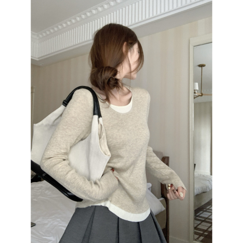 Real shot of autumn and winter Korean style round neck contrasting fake two-piece temperament versatile 6 wool knitted bottoming shirt top