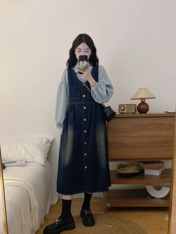 Slim and sweet denim vest dress autumn and winter new long-sleeved shirt two-piece suit
