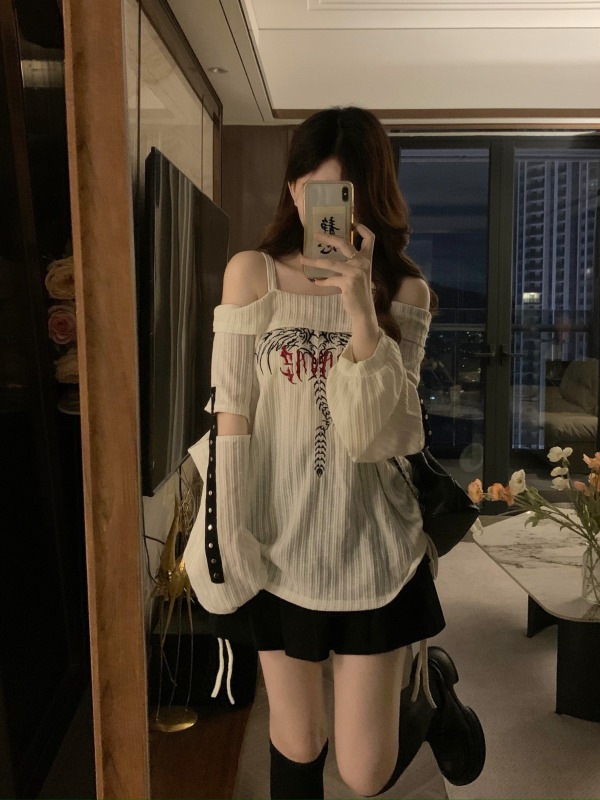 Large size fat girl hot girl long-sleeved knitted T-shirt women's new autumn loose design American top