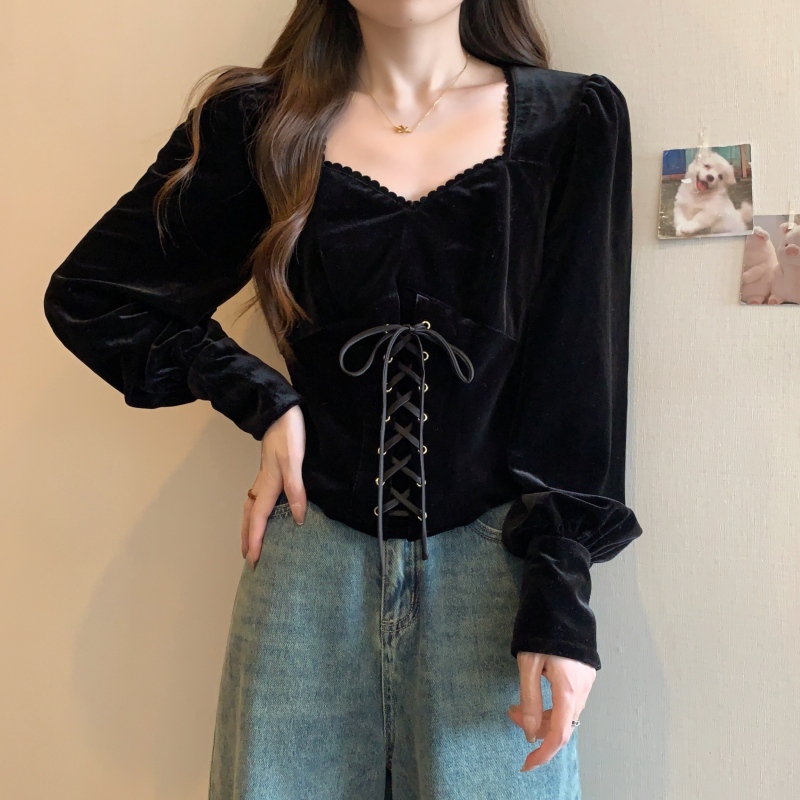Autumn small fragrance square neck waist long sleeve short slim fit chiffon shirt women's velvet plus size women's clothing