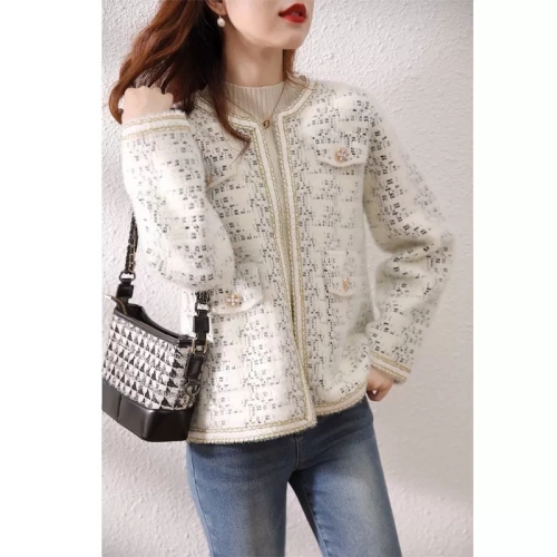 Fat mm small fragrant imitation mink velvet thickened sweater jacket versatile age-reducing spring, autumn and winter knitted cardigan large size women's clothing