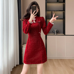 Velvet thickening autumn and winter new Chinese style improved cheongsam retro fashion buckle pearl cheongsam dress