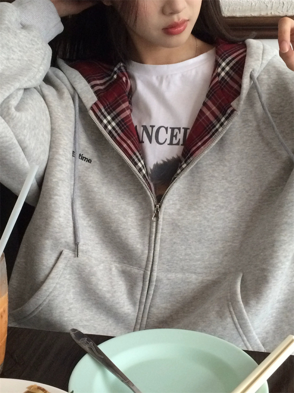 Cardigan autumn and winter lazy style American plaid splicing plus velvet thickened hooded sweatshirt jacket for women