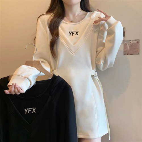 Plus size women's fake two piece sweatshirt 2024 new autumn fat mm waist loose slimming top