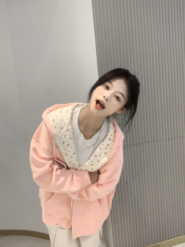 Pink floral print hoodie coat for women, 2024 new spring and autumn oversized loose lazy style zipper cardigan