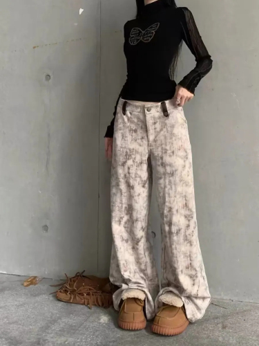 Autumn New American Retro Tie-Dye Print Casual Wide-Leg Pants for Women High-Waisted Loose-Fitting Slimming Flowy Floor-Length Pants