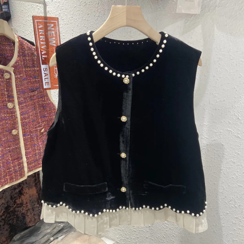 Quality Inspection Official Picture Round Neck Sleeveless Velvet Vest 2024 Autumn New Temperament Splicing Outerwear Waistcoat Top